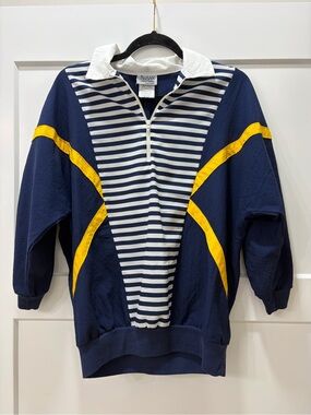 Susan Christopher Vintage Retro Preppy Sailing Striped Navy & White Quarter-Zip